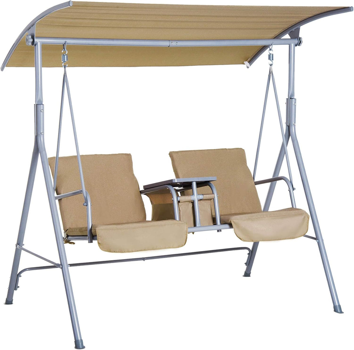 2 Person Covered Swing with Canopy, Table and Storage Console, Beige W877