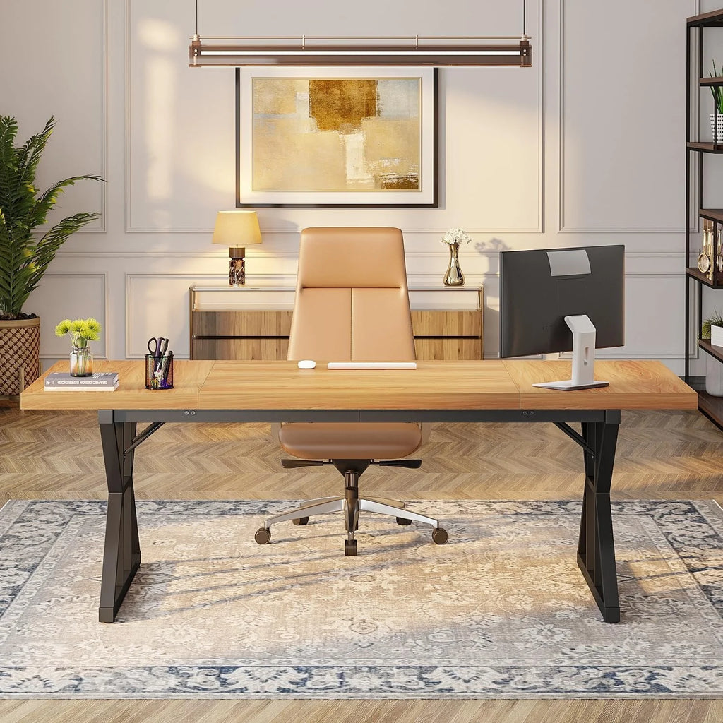 70.8-Inch Light Walnut/Black Executive Desk W7173