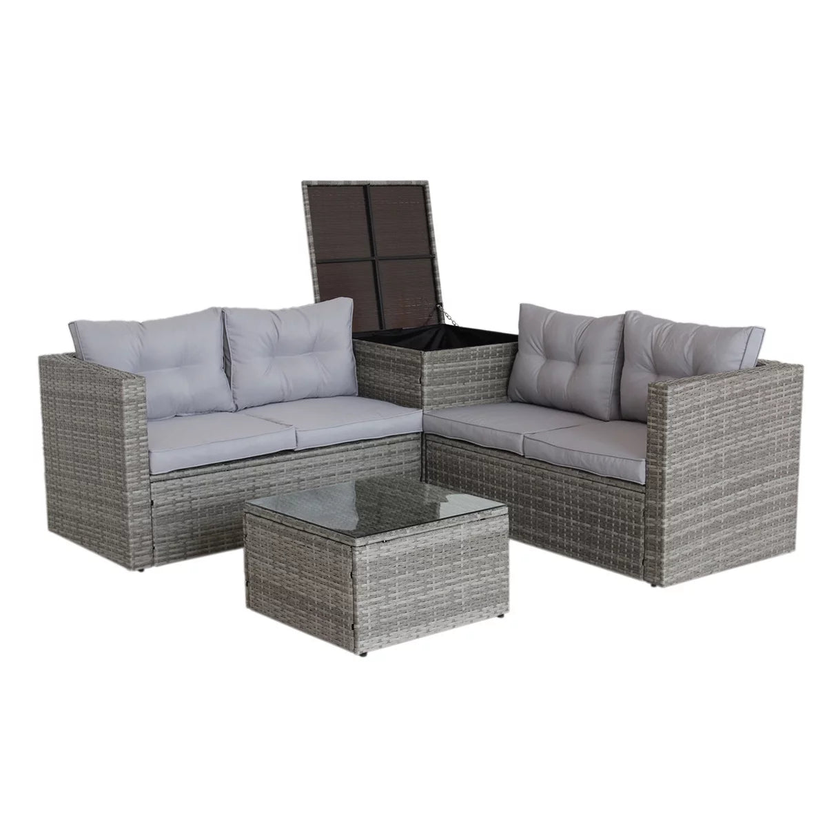 4 Pieces All Weather Wicker Rattan Patio Sectional Sofa Set with Storage Box & Ottoman, Gray G5783