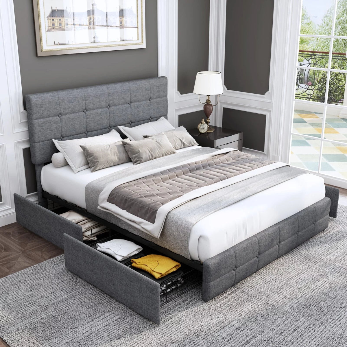 Queen Size Light Grey Upholstered Platform Bed with 4 Storage Drawers Y9224