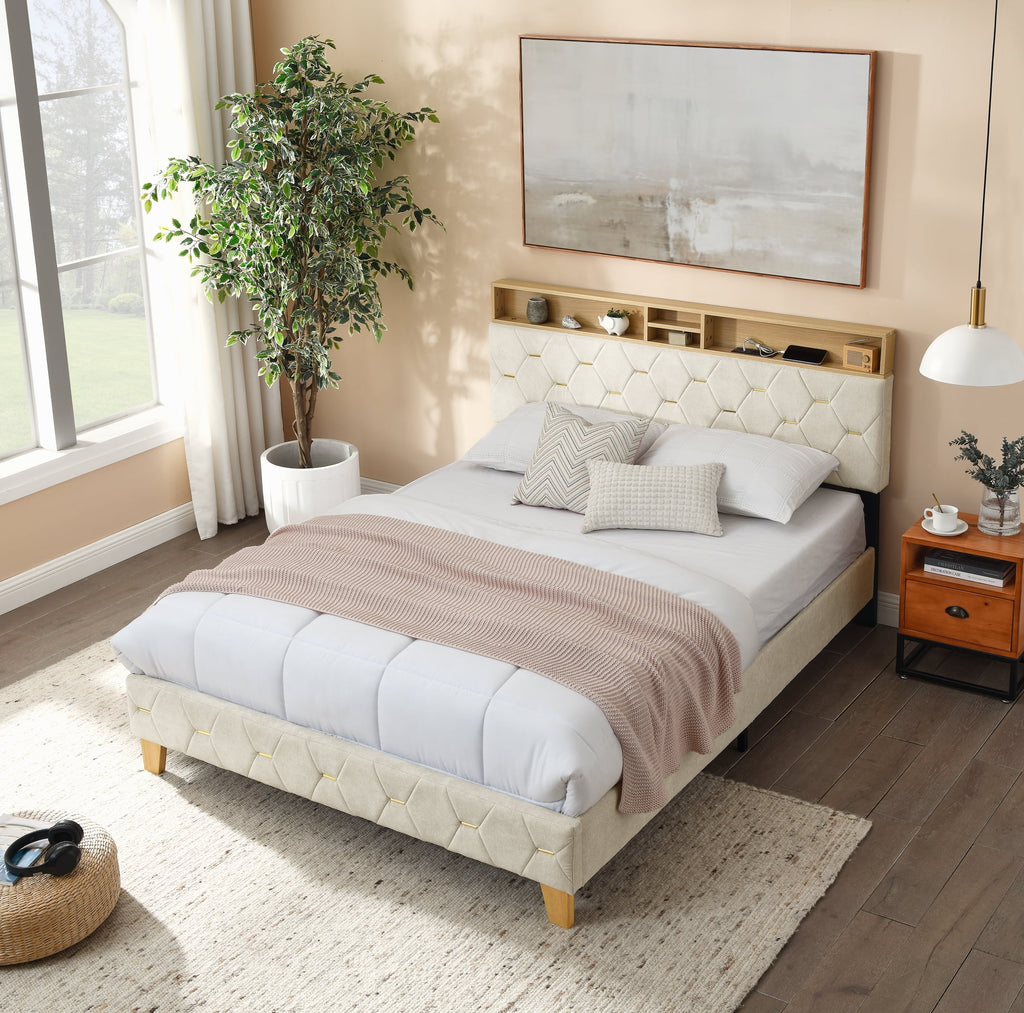 Upholstered Bed 160 x 200 cm with USB and Storage Headboard D1276