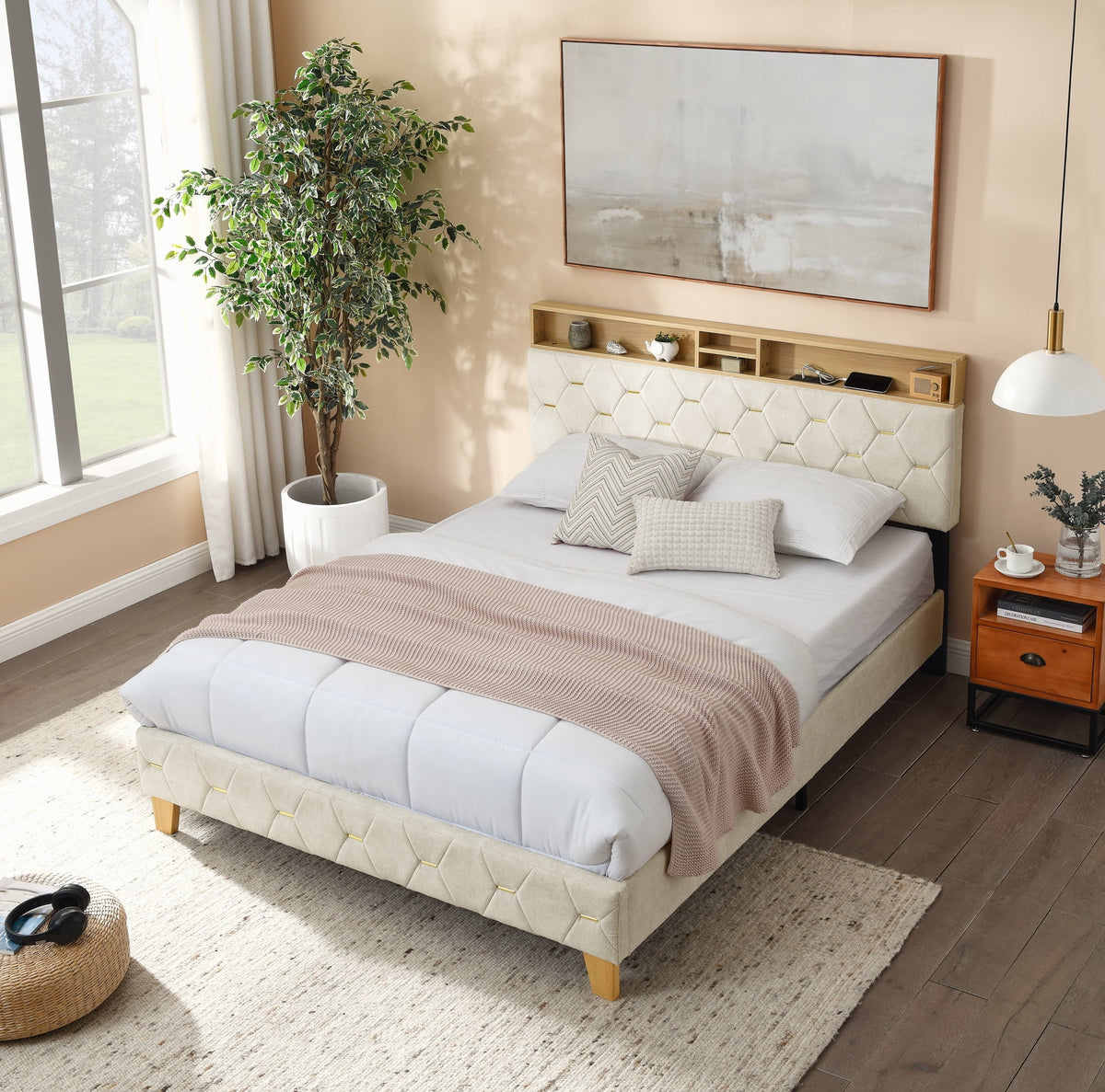 Upholstered Bed 160 x 200 cm with USB and Storage Headboard D1276