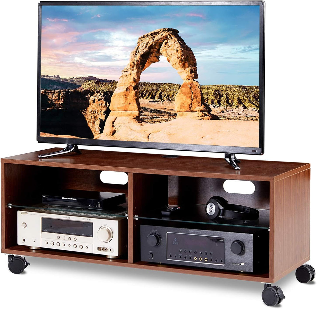 Rolling Wood Corner TV Console Stand with Wheels and Cabinets for up to 60 inch TVs, Walnut G9304