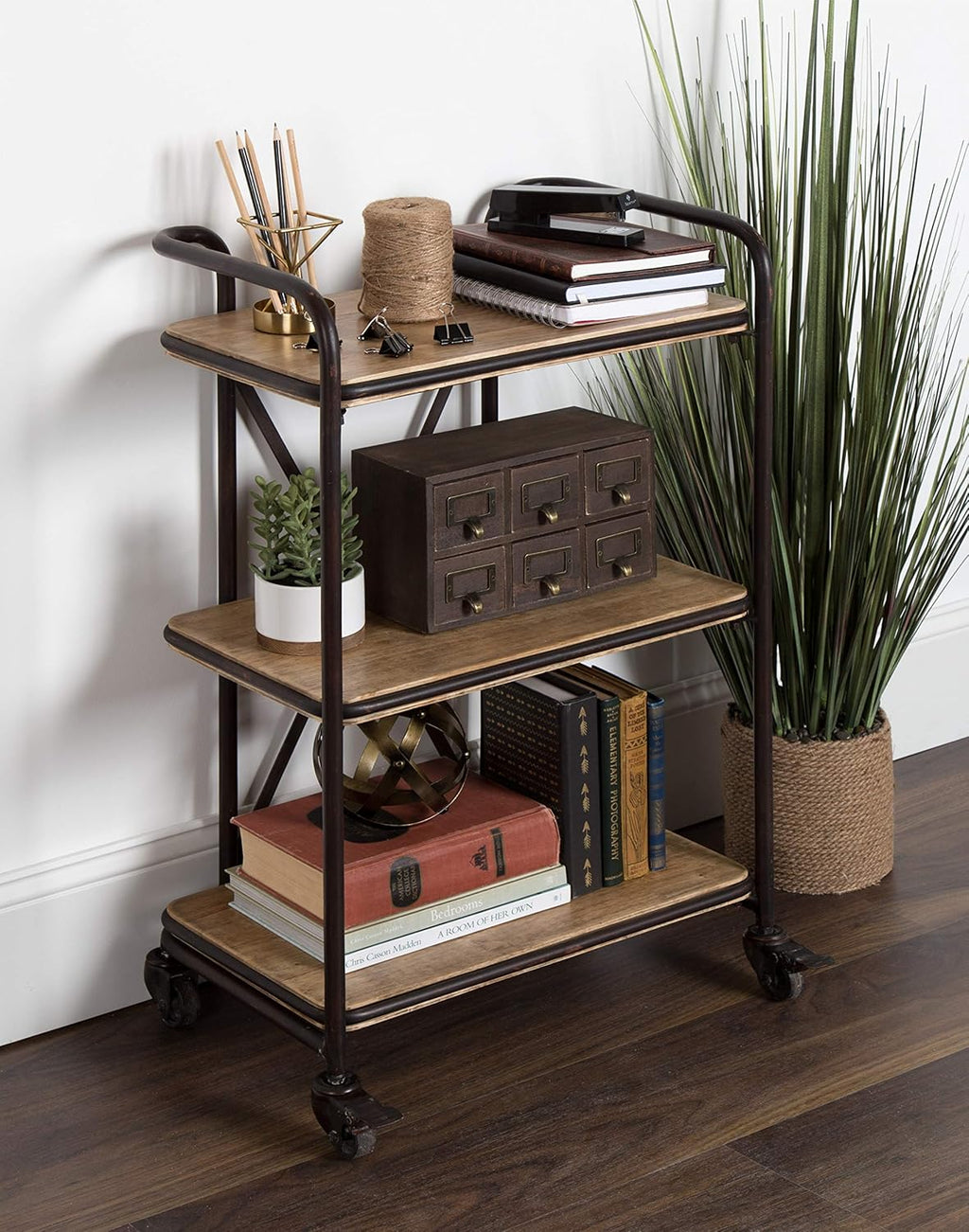 Wood and Metal 3 Tiered Rolling Bar Cart M416672