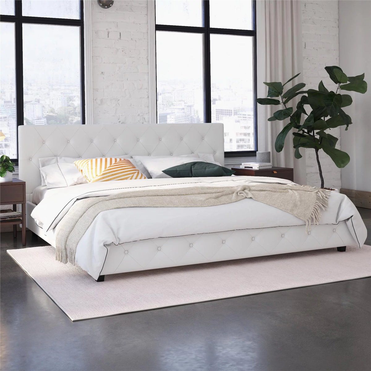 Queen Camel Faux Leather Upholstered Platform Bed R689