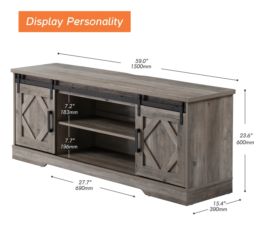 Farmhouse TV Stand up to 70" Barn Door Media Console Storage Cabinet in Gray R92230