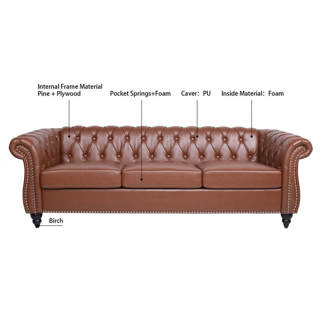 Brown PU Rolled Arm Chesterfield Three Seater Sofa L358710