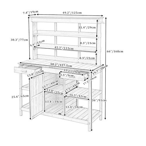 66" Wooden Potting Bench with Drawers Cabinet and Shelves A743794