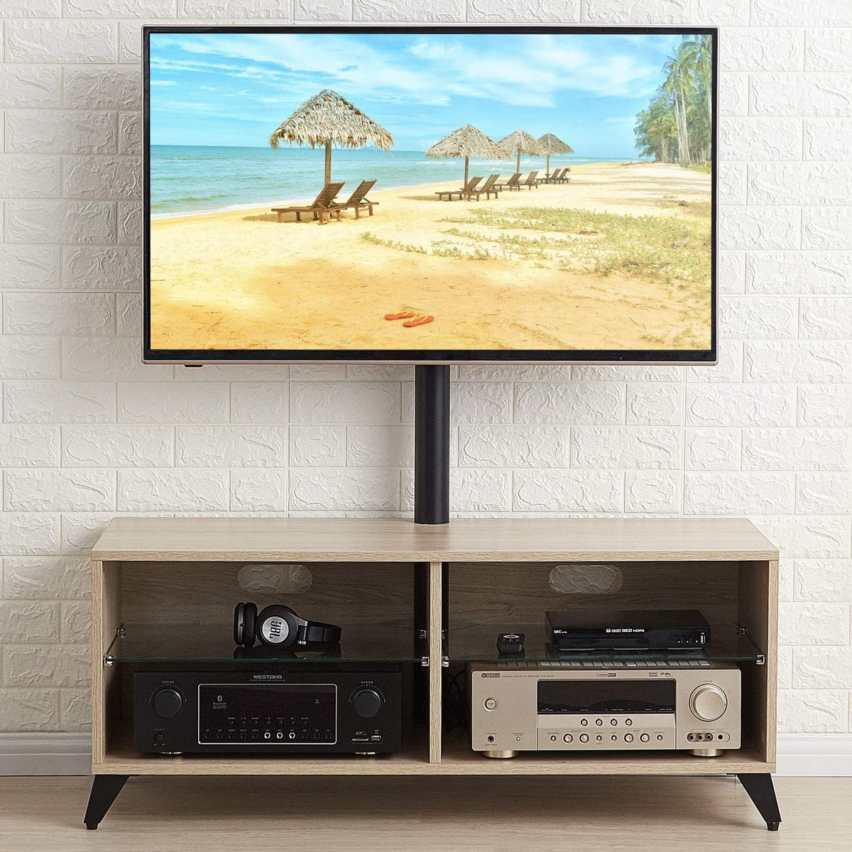 Rolling Wood Corner TV Console Stand with Wheels and Cabinets for up to 60 inch TVs, Walnut G9304
