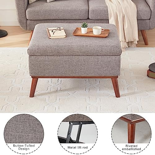 Beige Ottoman Coffee Table with Lid Lifting and Wooden Legs B51697