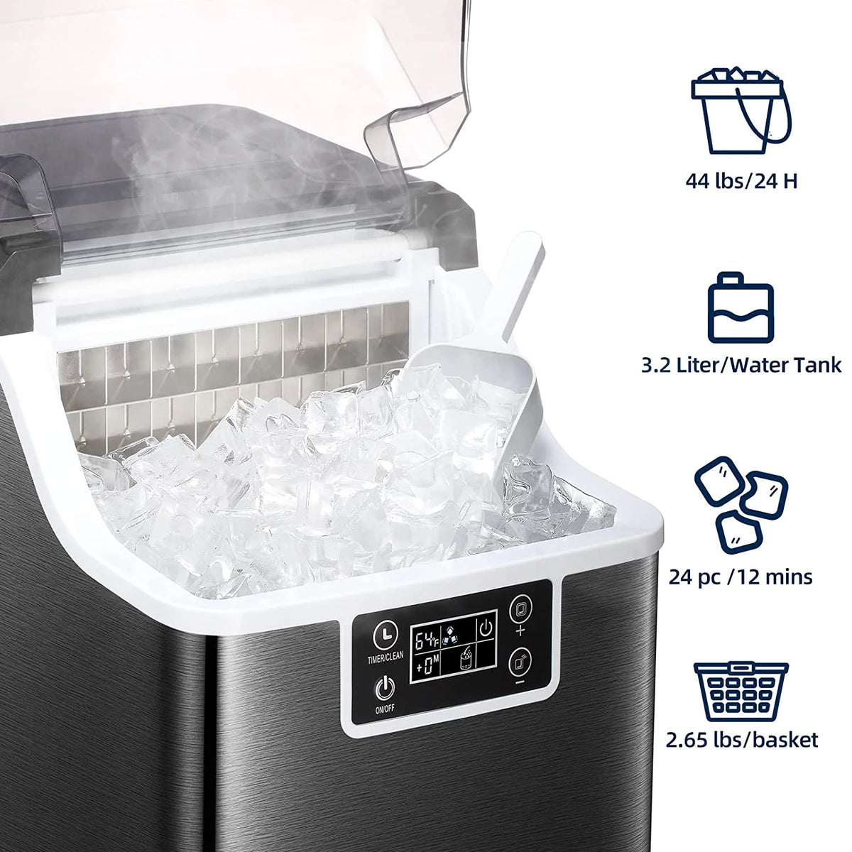 44Lbs/24H Self-Cleaning Portable Compact Ice Maker with Ice Scoop & Basket P802