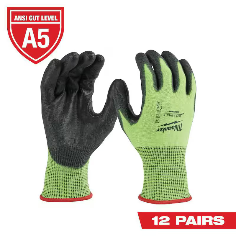 High Visibility Level 5 Cut Resistant Polyurethane Dipped Work Gloves 12-Pack K583