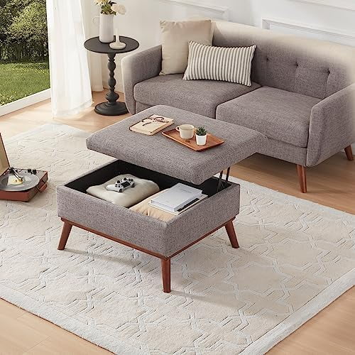 Beige Ottoman Coffee Table with Lid Lifting and Wooden Legs B51697