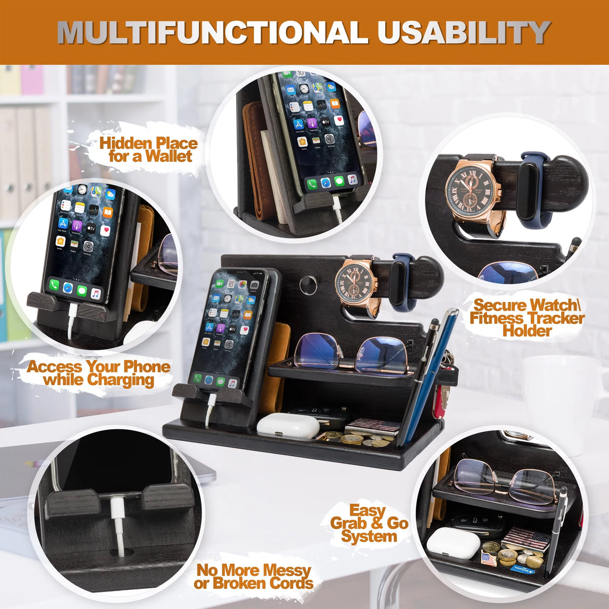Wood Phone Docking Station Ash Key Holder Wallet Stand Watch Organizer Z33834