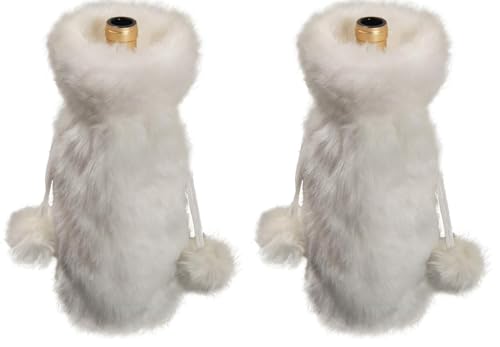 White Faux Fur Drawstring Wine Bottle Cover Bag M6018