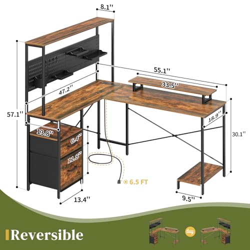 L Shaped Gaming Desk with LED Lights & Power Outlets R612