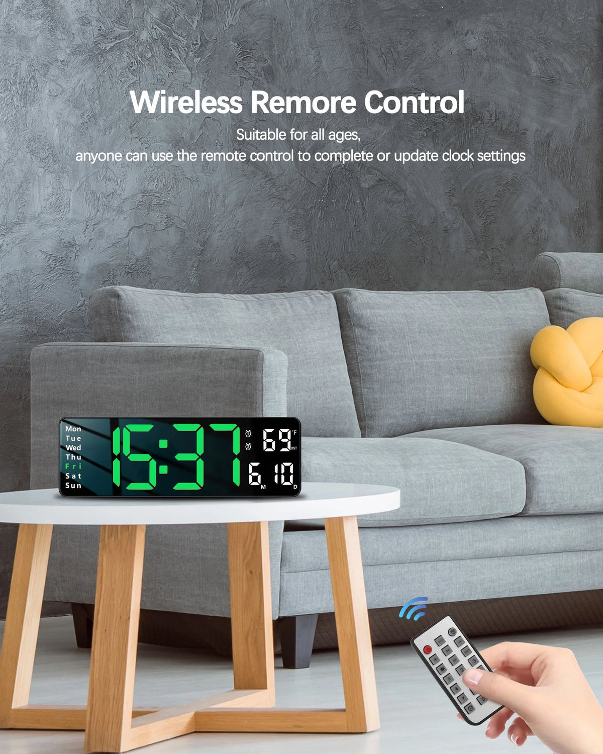 Digital Wall Clock with Large LED Display, Loud Alarm, Remote Control H8634
