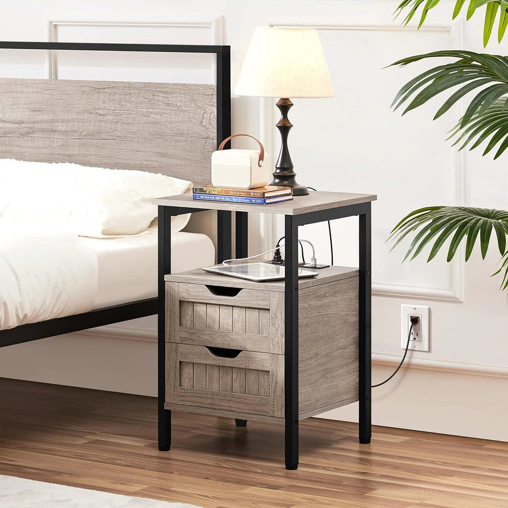 Gray Nightstand with Charging Station and Storage Drawers M7447