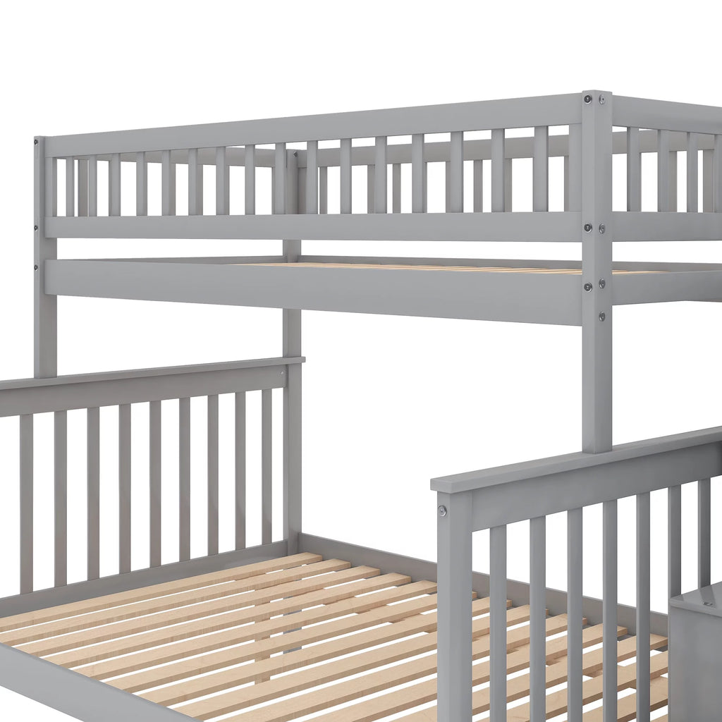 Twin over Full Bunk Bed with Trundle and Staircase, Gray Solid Wood H4270