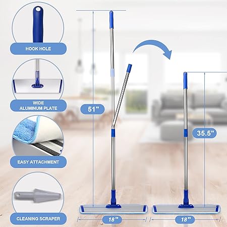 18" Microfiber Flat Mop with Stainless Steel Handle, 4 Reusable Mop Pads T941