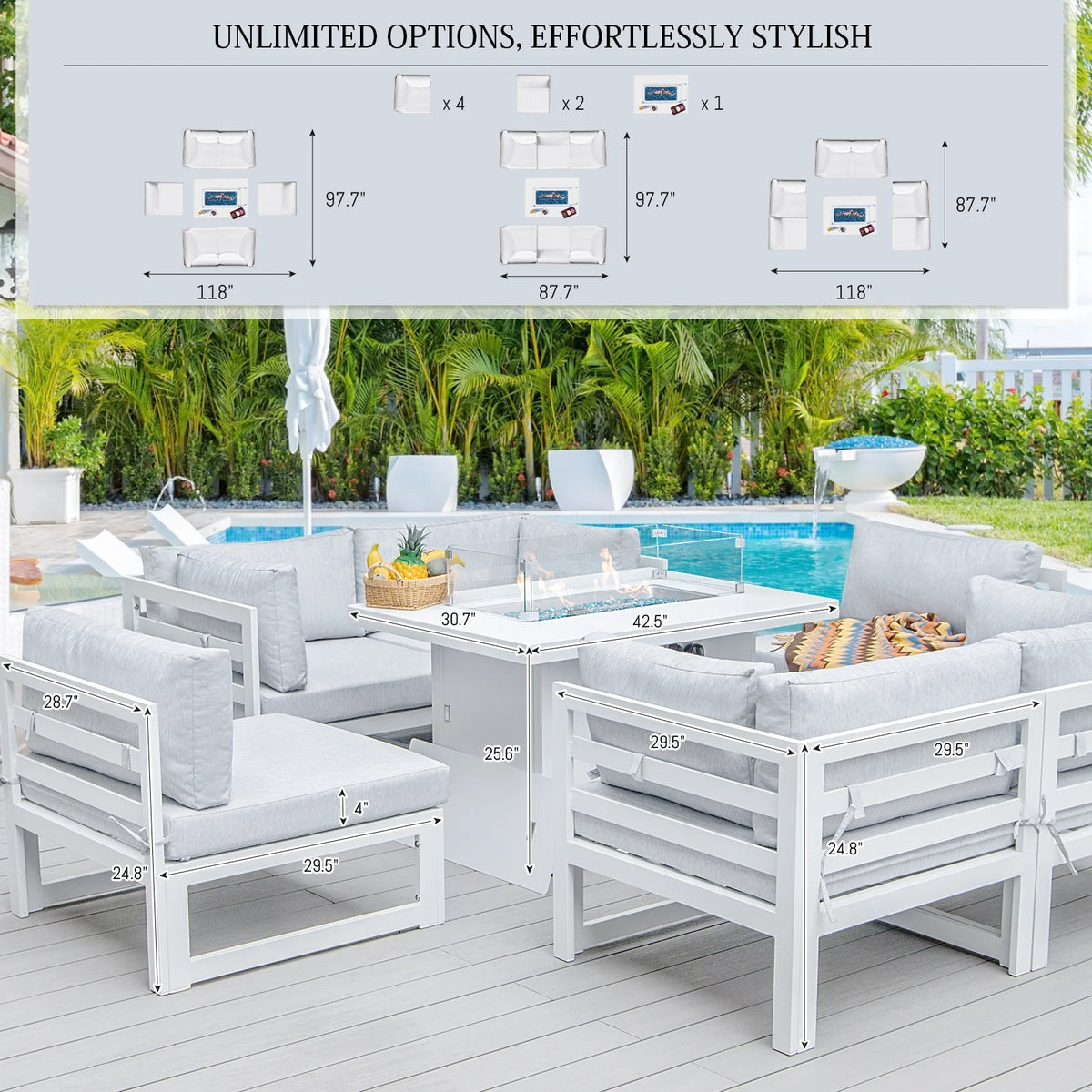 Aluminum Patio Conversation Set with 43" Propane Fire Pit Table White X476