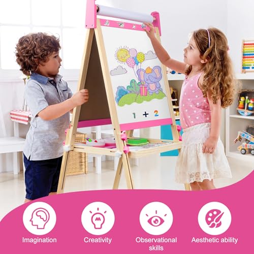Adjustable Wooden Kids Art Easel with White Board and Chalk Board J30616
