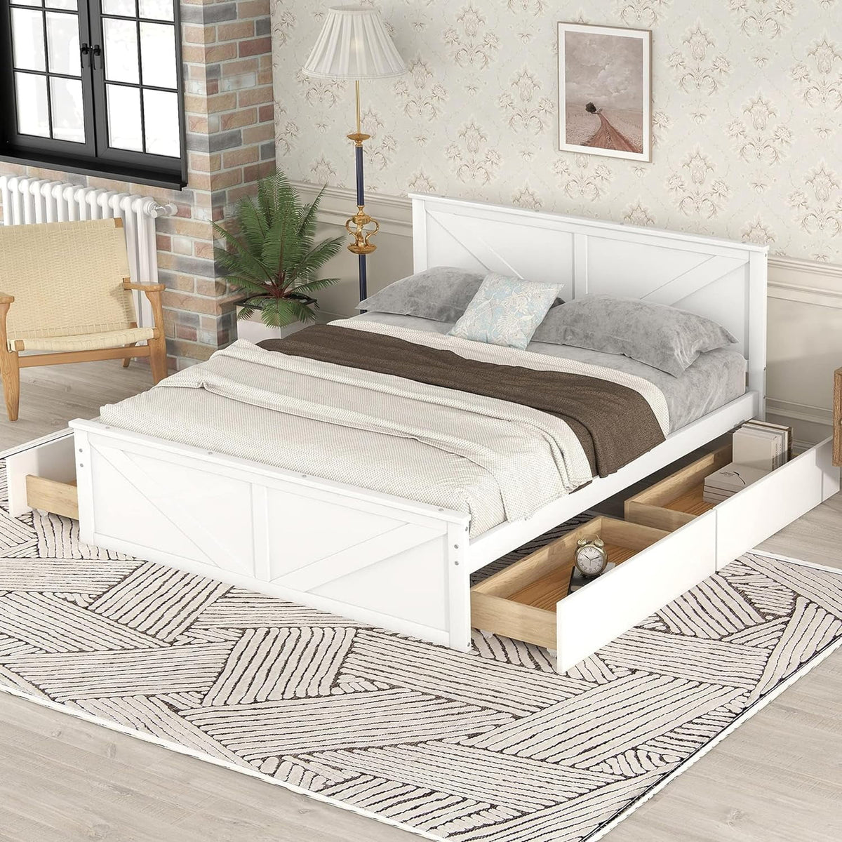 White Queen Size Platform Bed with 4 Drawers O844902