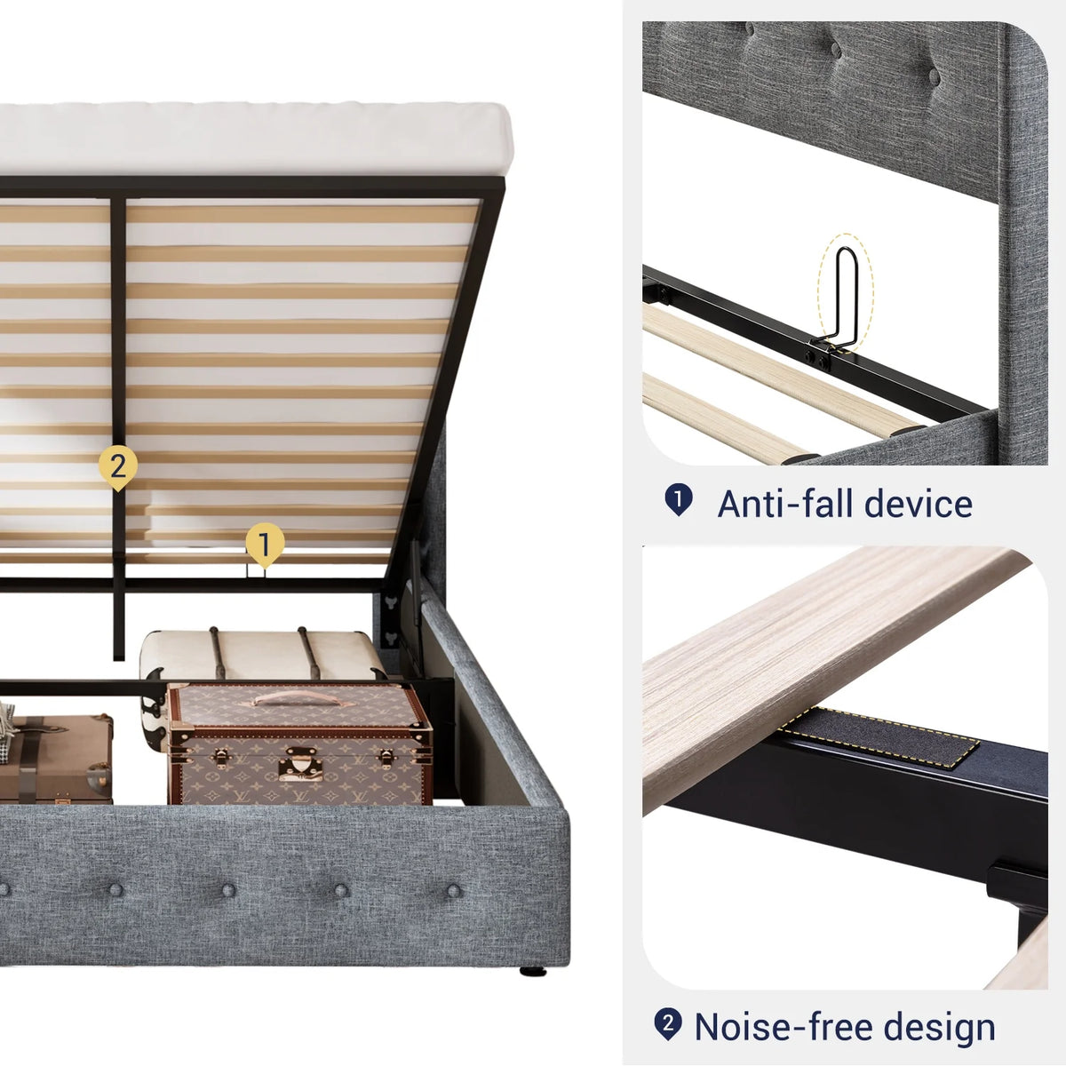 Queen Size Lift Up Platform Storage Bed Frame with Wingback Headboard Light Beige N322