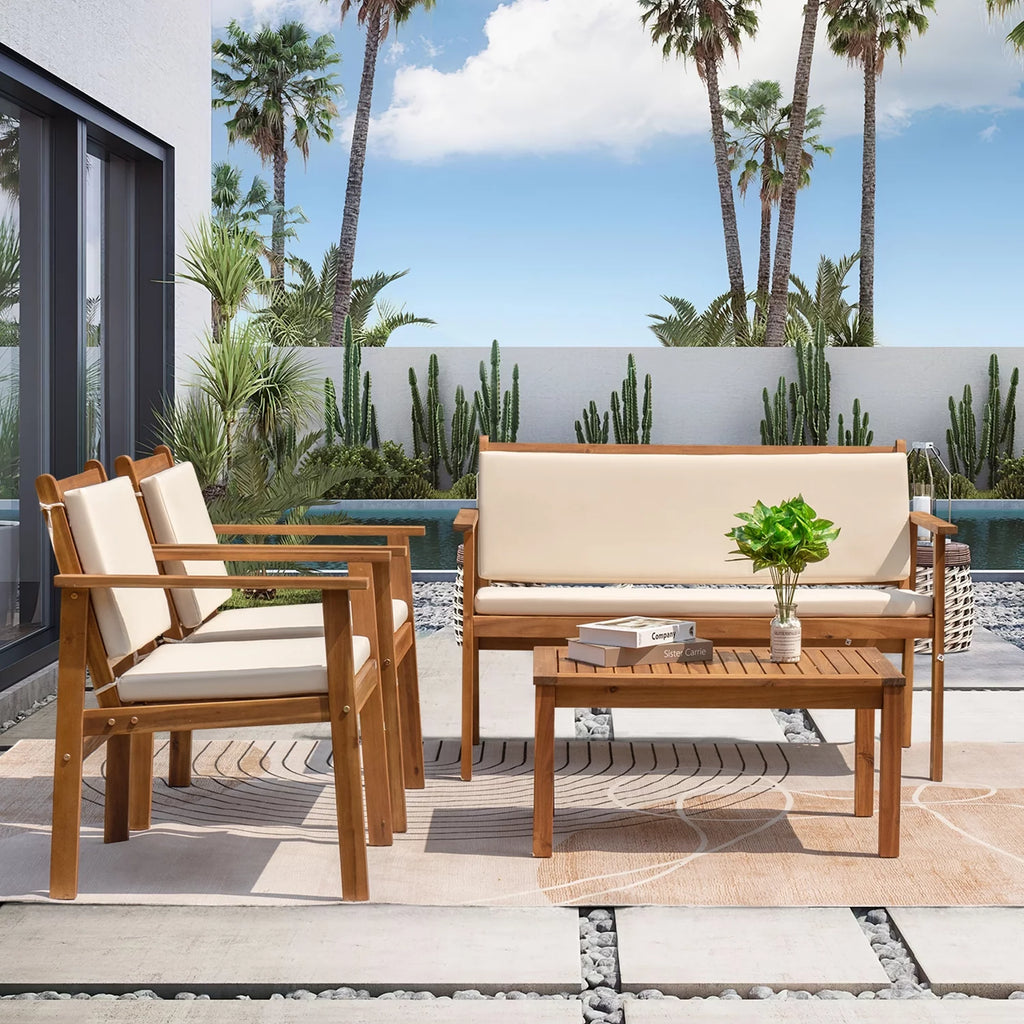 3 Pieces Acacia Patio Conversation Set with Cushions and Side Table T2283