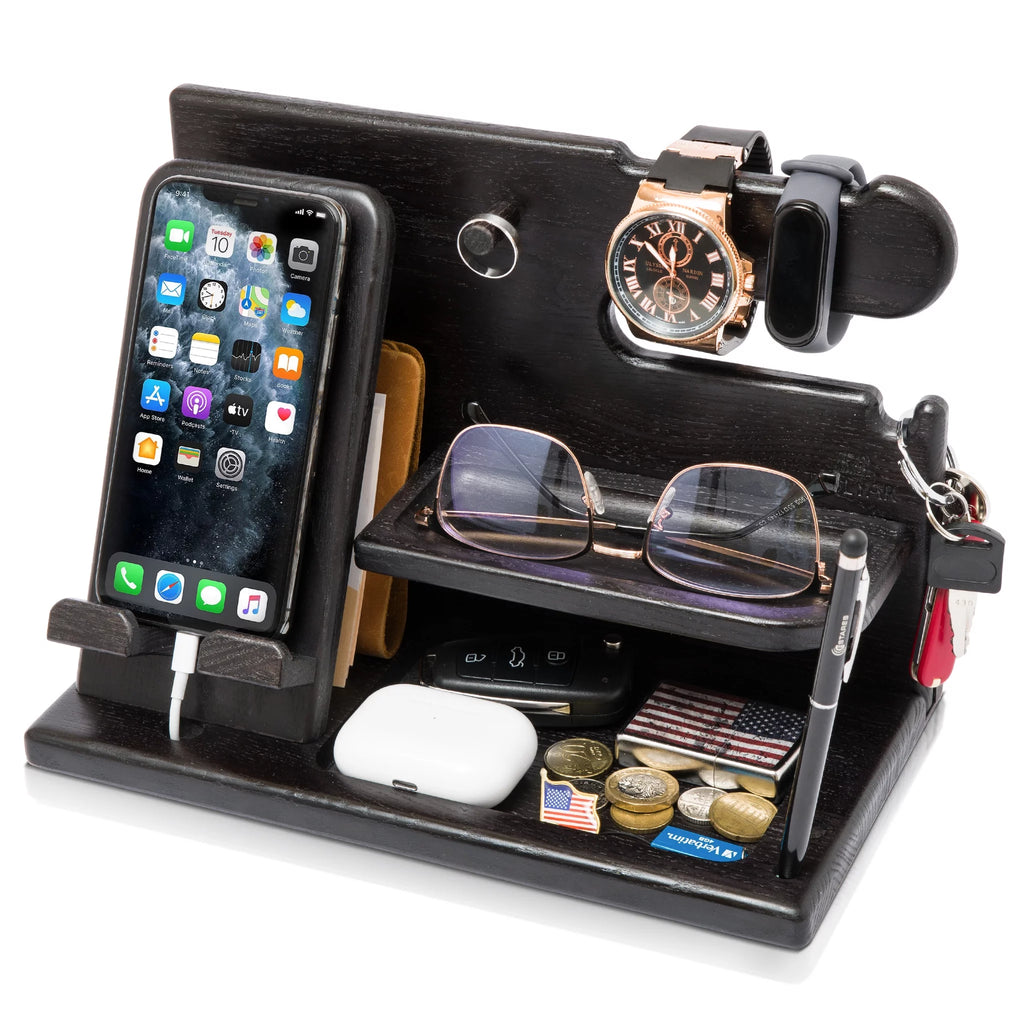 Wood Phone Docking Station Ash Key Holder Wallet Stand Watch Organizer Z33834