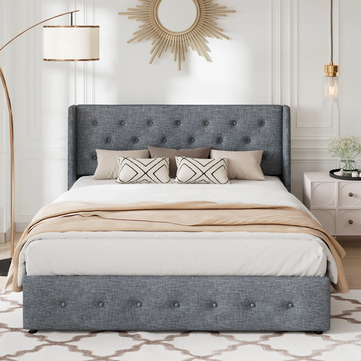 Queen Size Lift Up Platform Storage Bed Frame with Wingback Headboard Light Beige N322