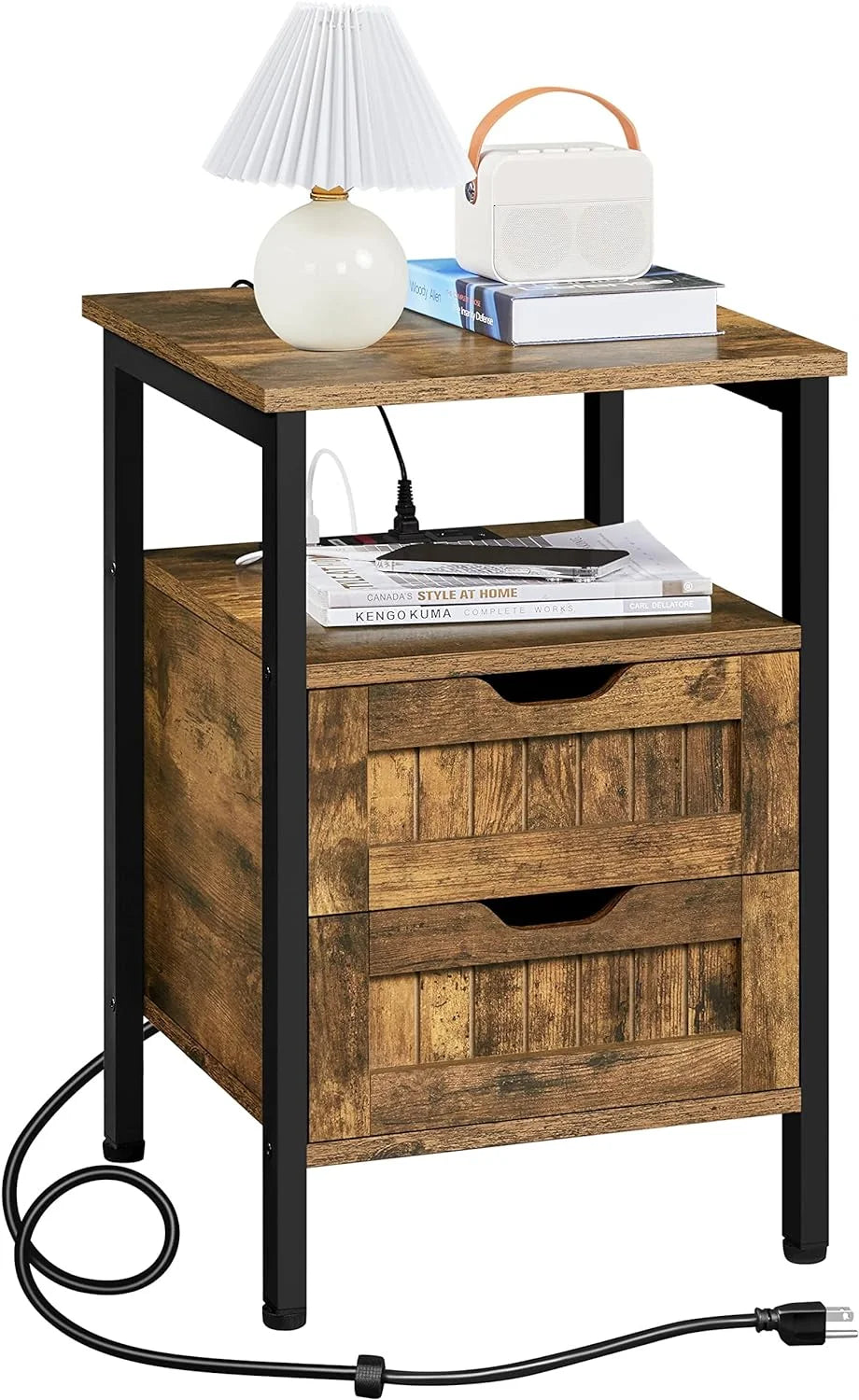 Gray Nightstand with Charging Station and Storage Drawers M7447