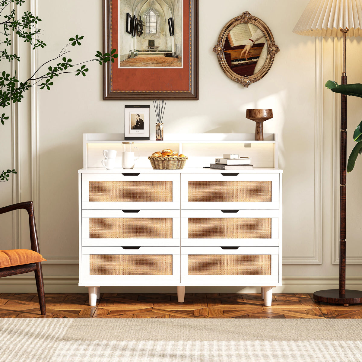 White Rattan Storage Cabinet with LED Lights and Power Outlet X85436