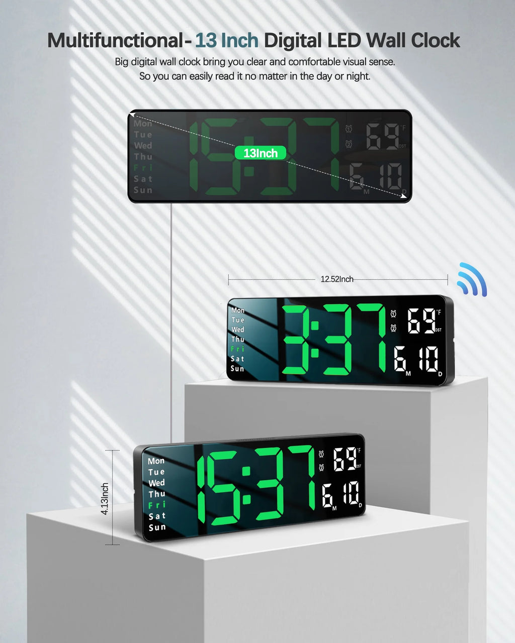 Digital Wall Clock with Large LED Display, Loud Alarm, Remote Control H8634