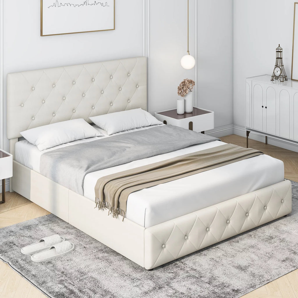 Queen Size Light Grey Upholstered Platform Bed with 4 Storage Drawers Y9224
