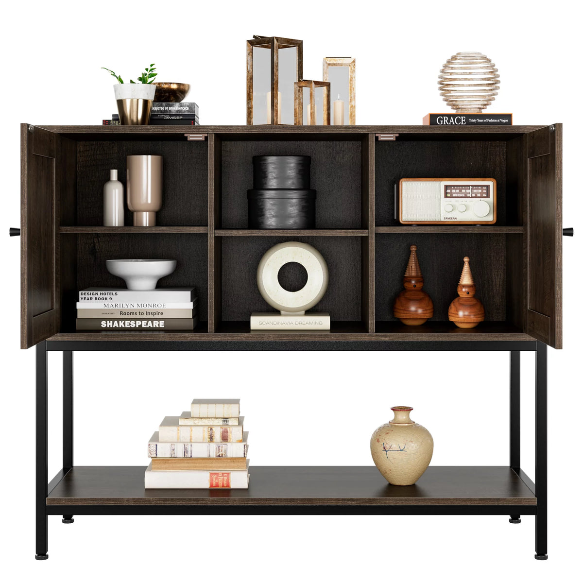 Dark Brown Console Cabinet with Doors and Shelves K9456