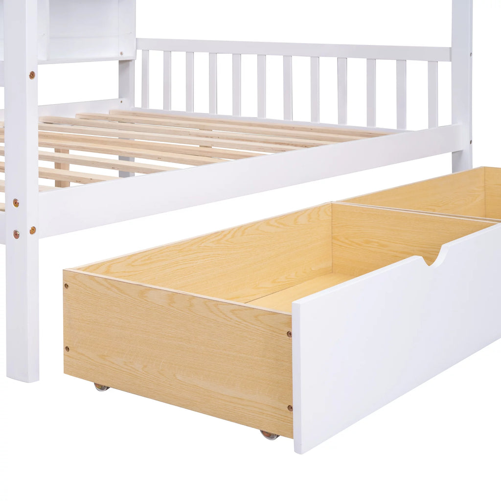 White Wood Full House Bed with Storage Drawers and Shelves R8030