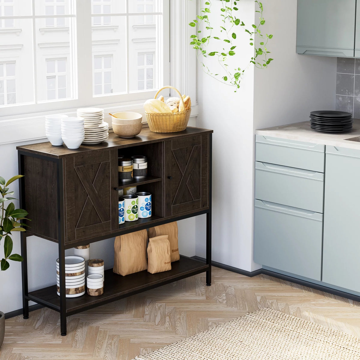 Dark Brown Console Cabinet with Doors and Shelves K9456