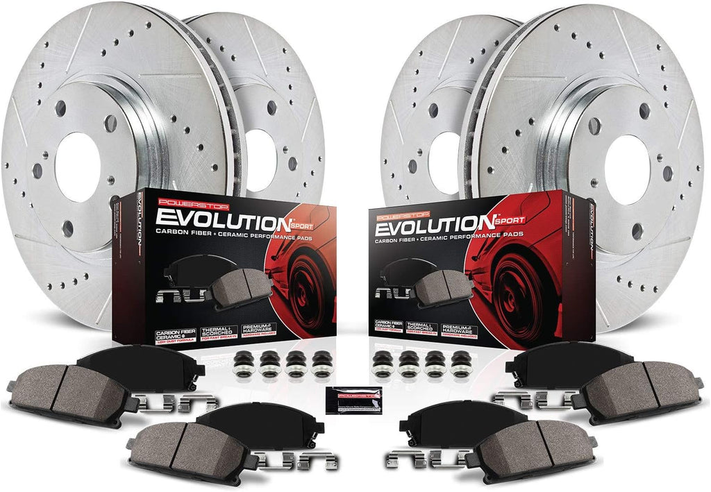 Front and Rear Carbon Fiber Brake Pads with Drilled & Slotted Brake Rotors Kit Q520