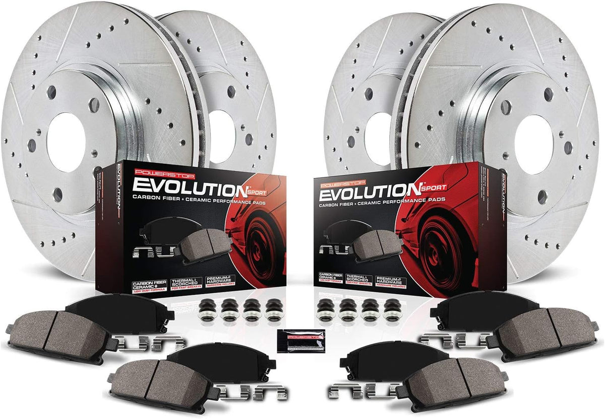 Front and Rear Carbon Fiber Brake Pads with Drilled & Slotted Brake Rotors Kit Q520
