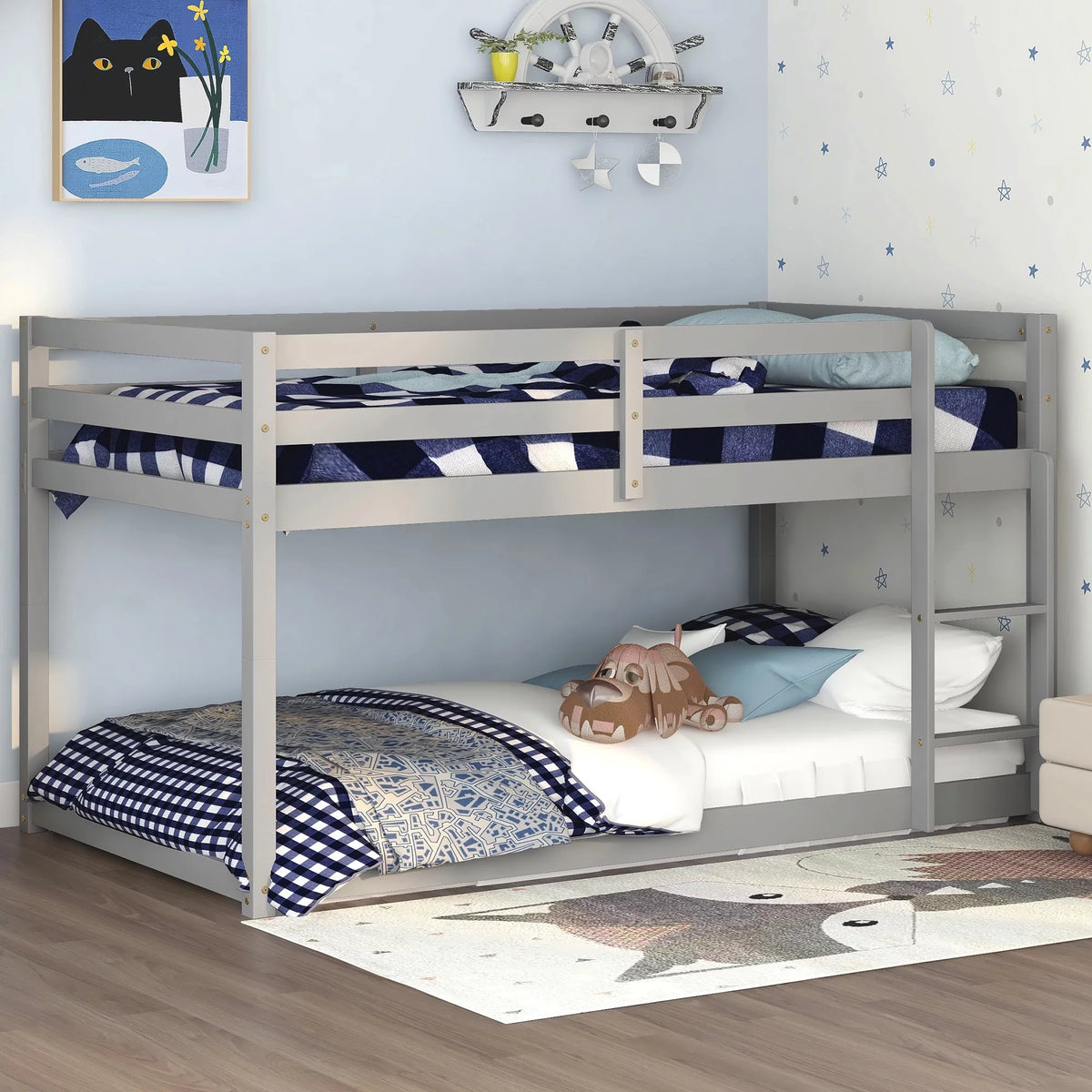 Gray Wood Twin over Twin Bunk Bed with Ladder and Guard Rails W993698