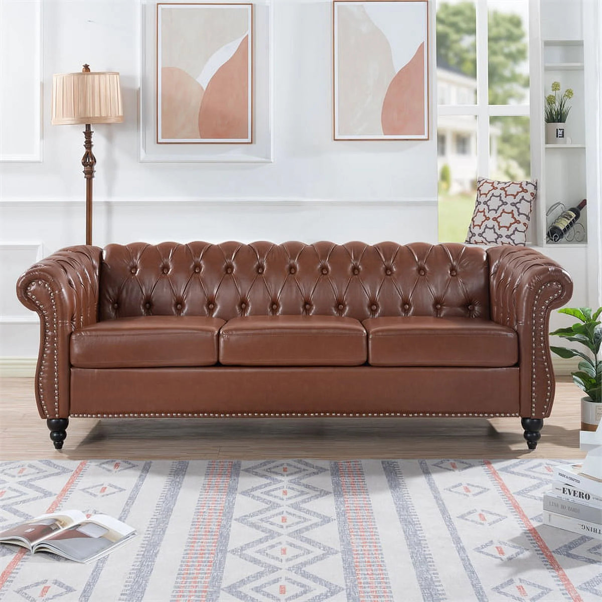 Brown PU Rolled Arm Chesterfield Three Seater Sofa L358710