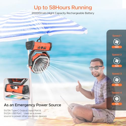 Rechargeable 20000mAh Auto-Oscillating Camping Fan with LED Lantern A72970