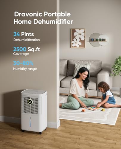 34 Pint Dehumidifier with Drain Hose, White V7143