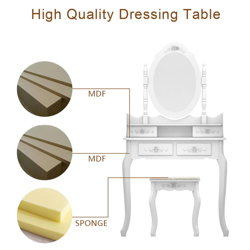 White Dressing Table and Stool Set with 4 Drawers & Mirror R22744