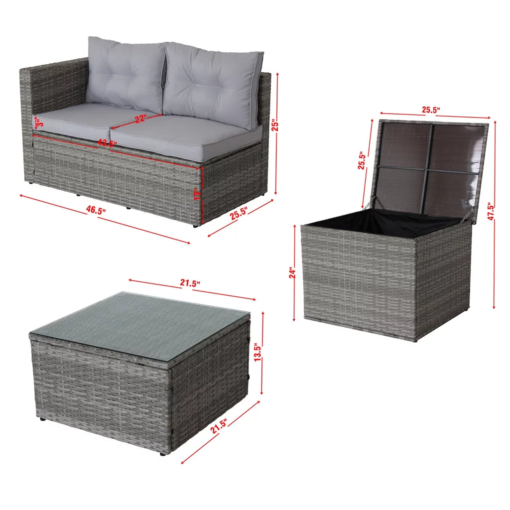 4 Pieces All Weather Wicker Rattan Patio Sectional Sofa Set with Storage Box & Ottoman, Gray G5783