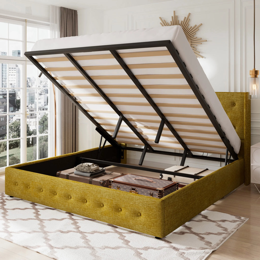Queen Size Lift Up Platform Storage Bed Frame with Wingback Headboard Light Beige N322