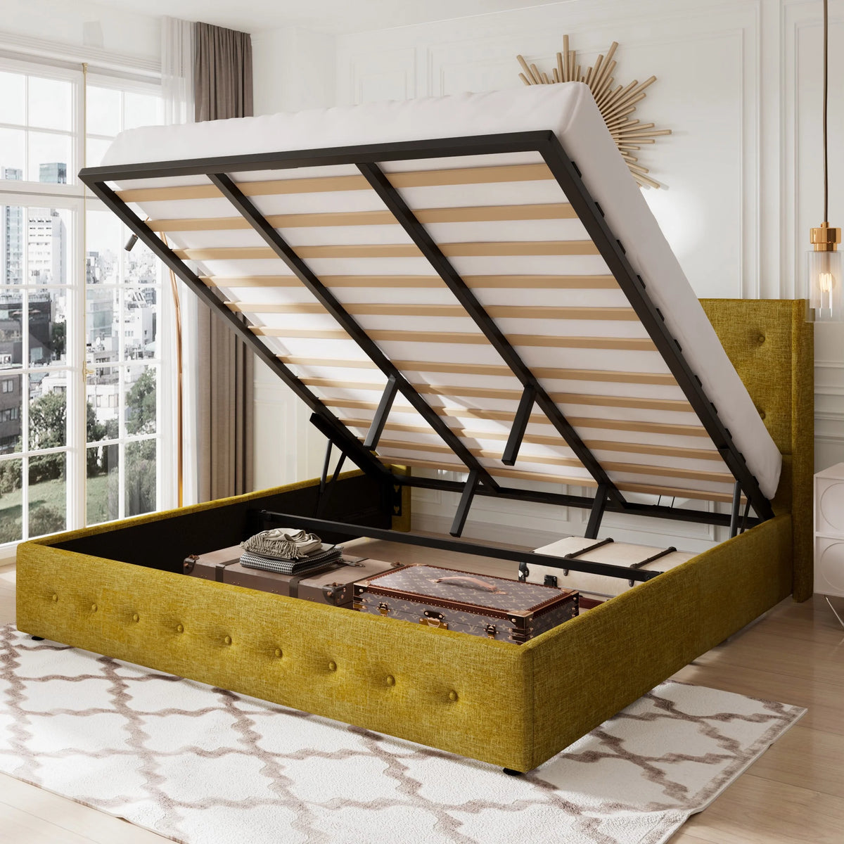 Queen Size Lift Up Platform Storage Bed Frame with Wingback Headboard Light Beige N322