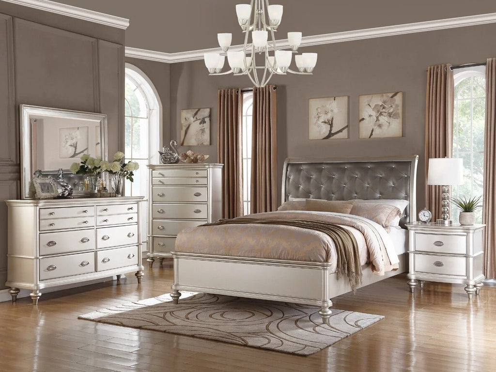 California King Size 4pc Bed Set Faux Leather Tufted Headboard Dresser Mirror Nightstand V4784