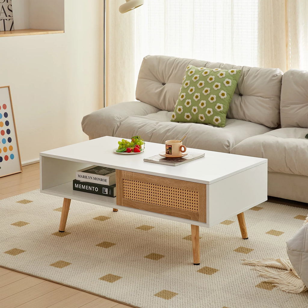 41.34" Rattan Coffee Table with Sliding Door Storage U2910